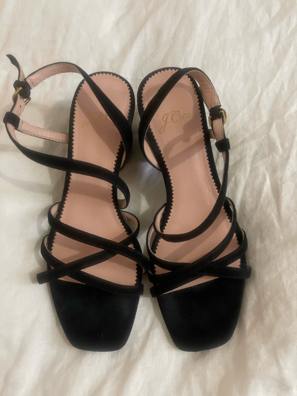 J. Crew Black Strappy Suede Heeled Sandals with Pink Insole